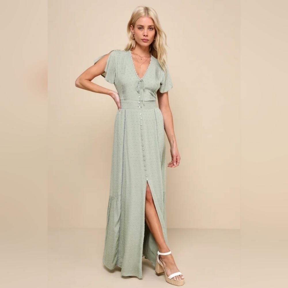 Lulus Women's Completely In Love Sage Green Swiss Dot Button-front Maxi Dress L - Picture 1 of 14